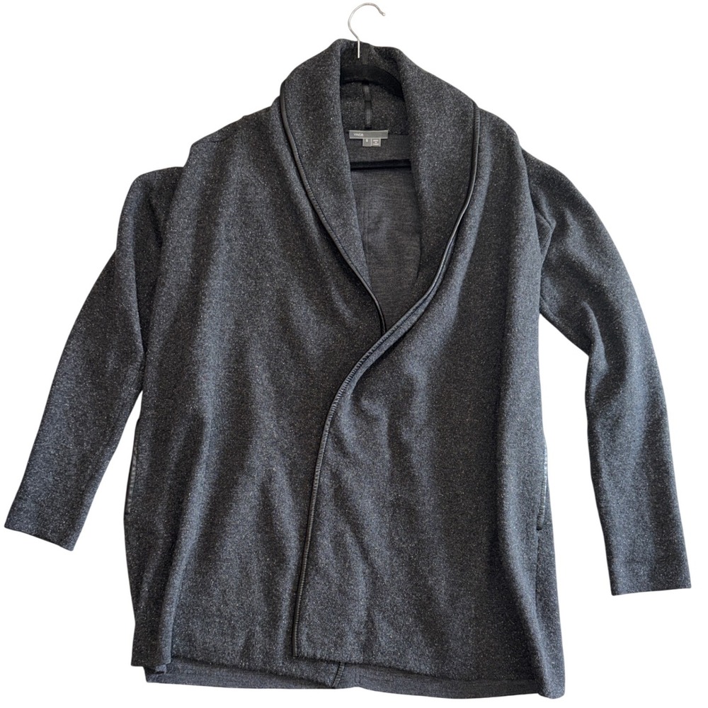 Vince Charcoal Gray Wool Silk Cashmere Leather Trim Shawl Cardigan Sweater S